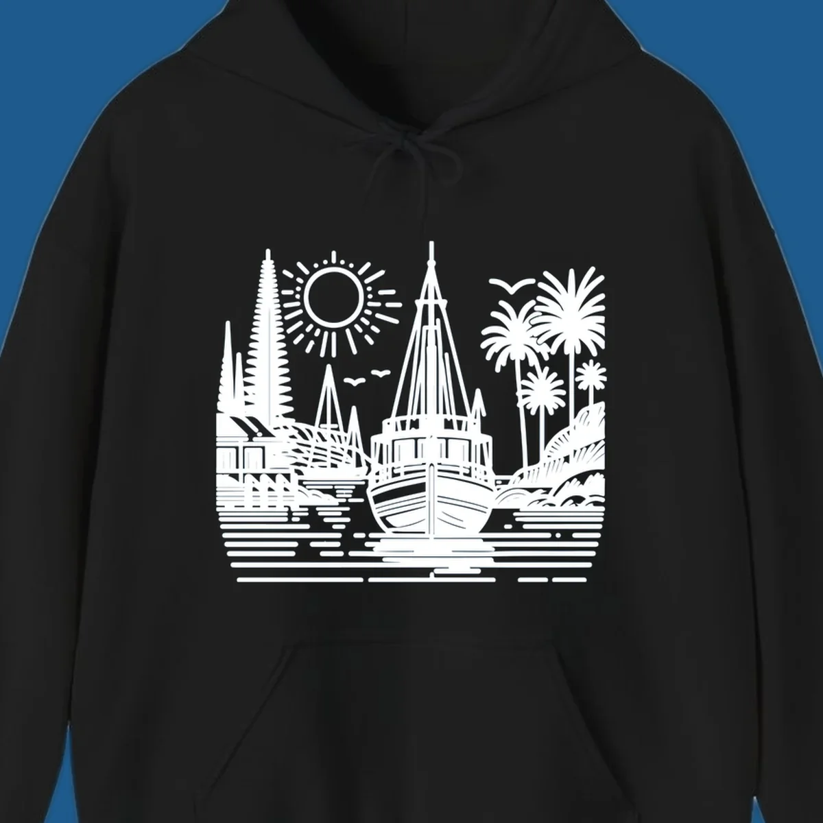 Tropical boat scene with palm trees, sun, and water. Primary keyword: tropical-boat-scene.