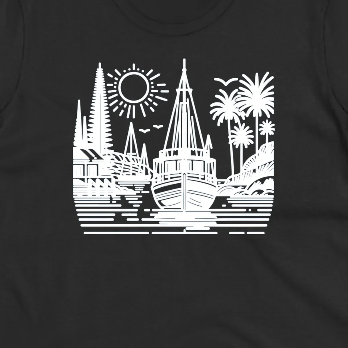 Tropical boat scene with palm trees, sun, and water. Primary keyword: tropical-boat-scene.