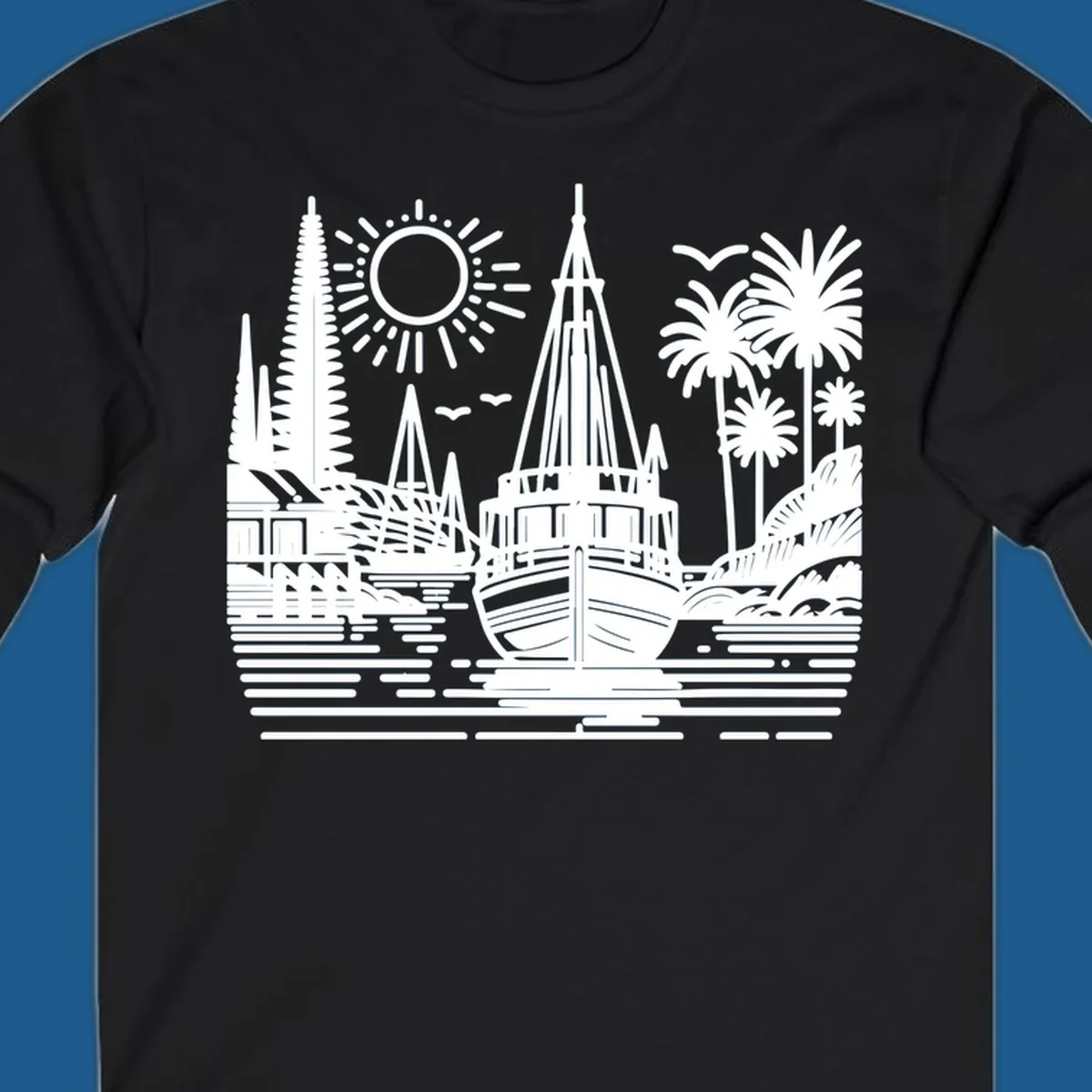 Tropical boat scene with palm trees, sun, and water. Primary keyword: tropical-boat-scene.