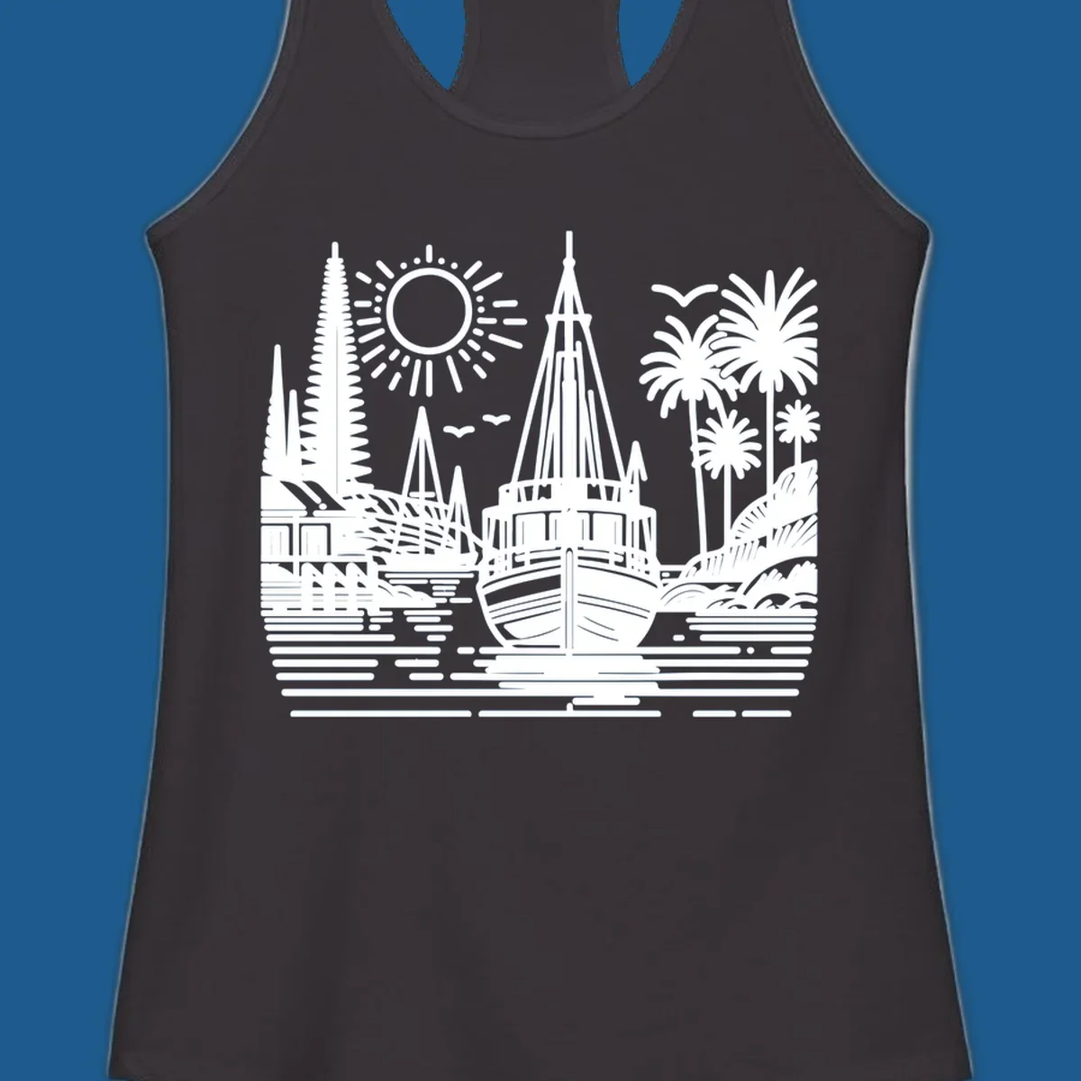 Tropical boat scene with palm trees, sun, and water. Primary keyword: tropical-boat-scene.