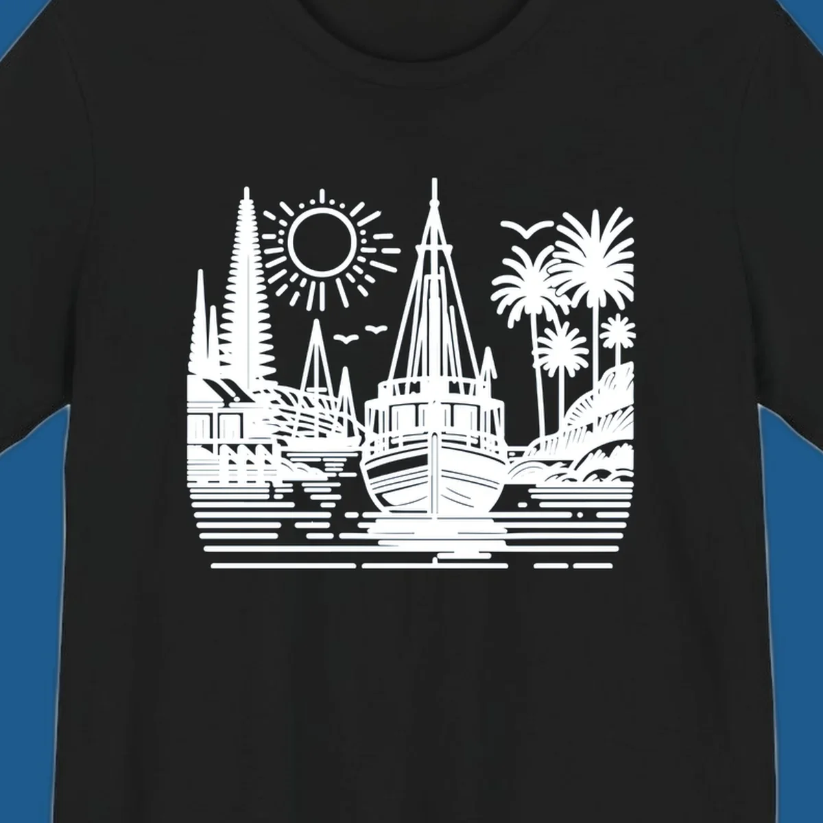Tropical boat scene with palm trees, sun, and water. Primary keyword: tropical-boat-scene.