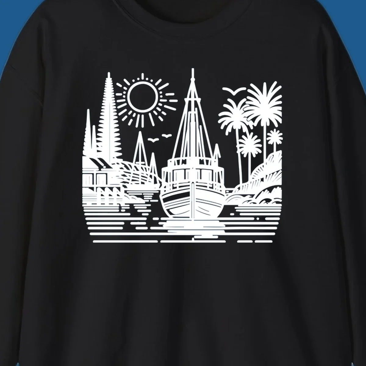 Tropical boat scene with palm trees, sun, and water. Primary keyword: tropical-boat-scene.