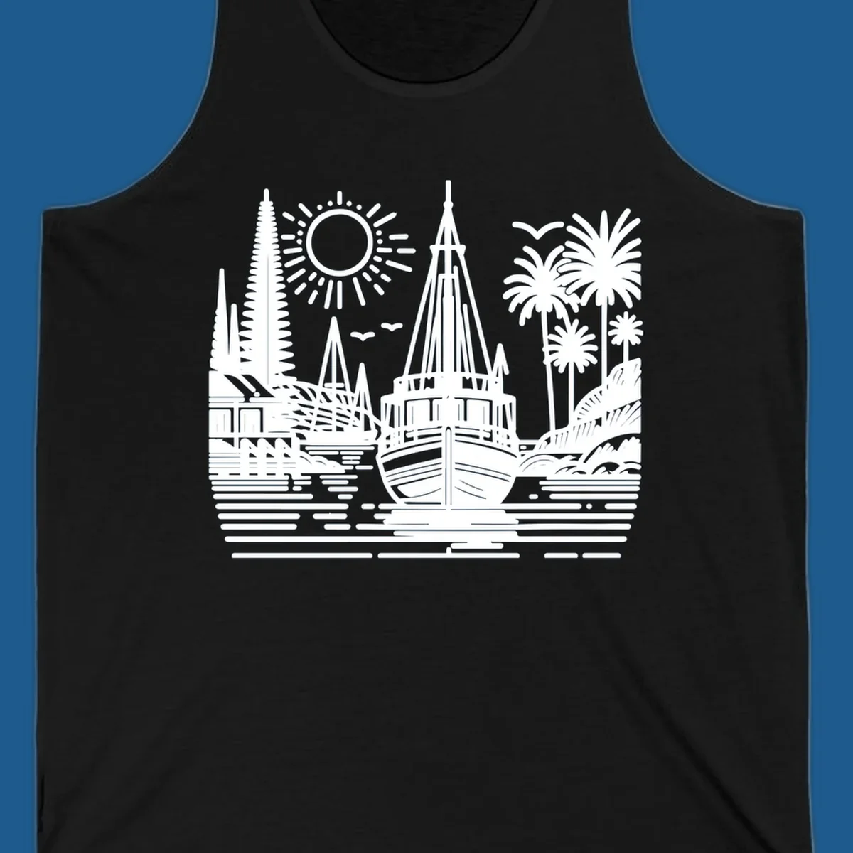 Tropical boat scene with palm trees, sun, and water. Primary keyword: tropical-boat-scene.