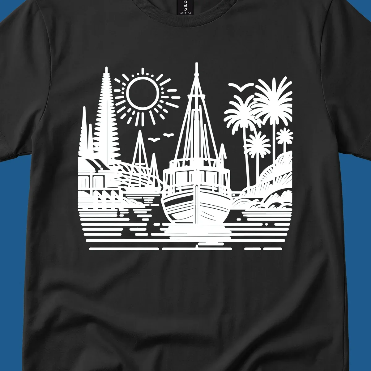 Tropical boat scene with palm trees, sun, and water. Primary keyword: tropical-boat-scene.