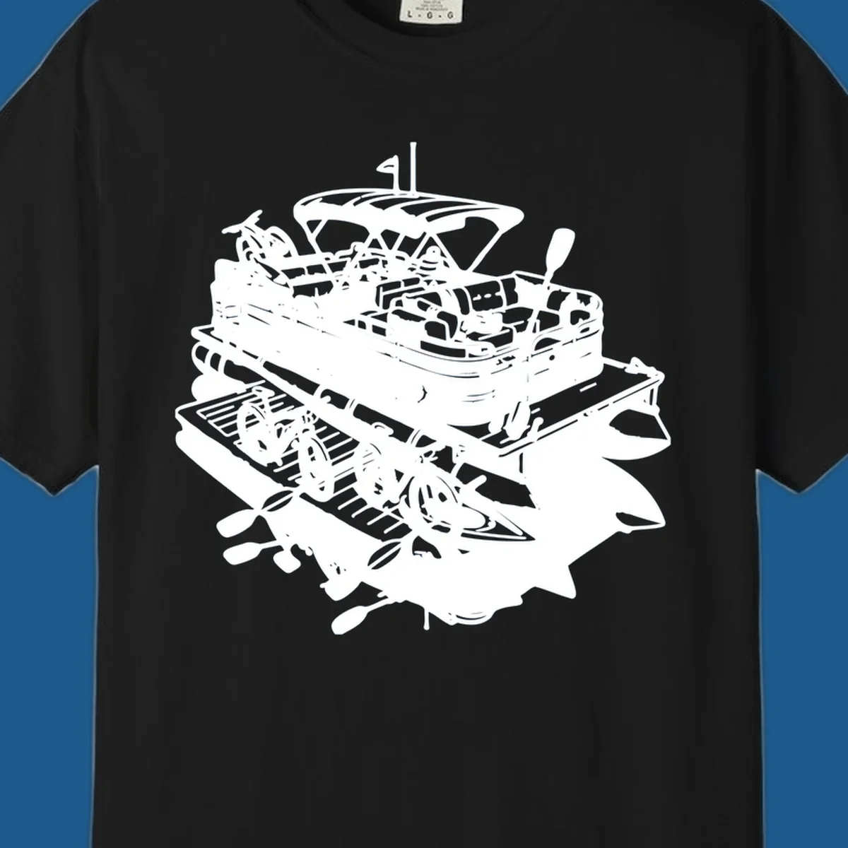 Pontoon boat adventure illustration with kayaks, bicycles, and paddles.