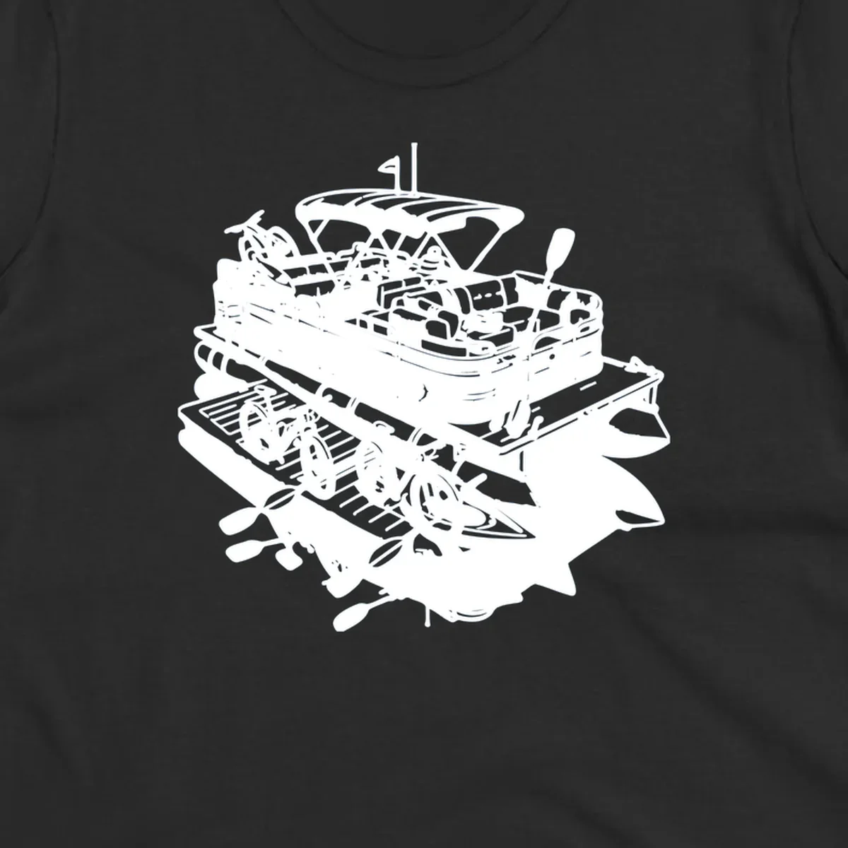 Pontoon boat adventure illustration with kayaks, bicycles, and paddles.