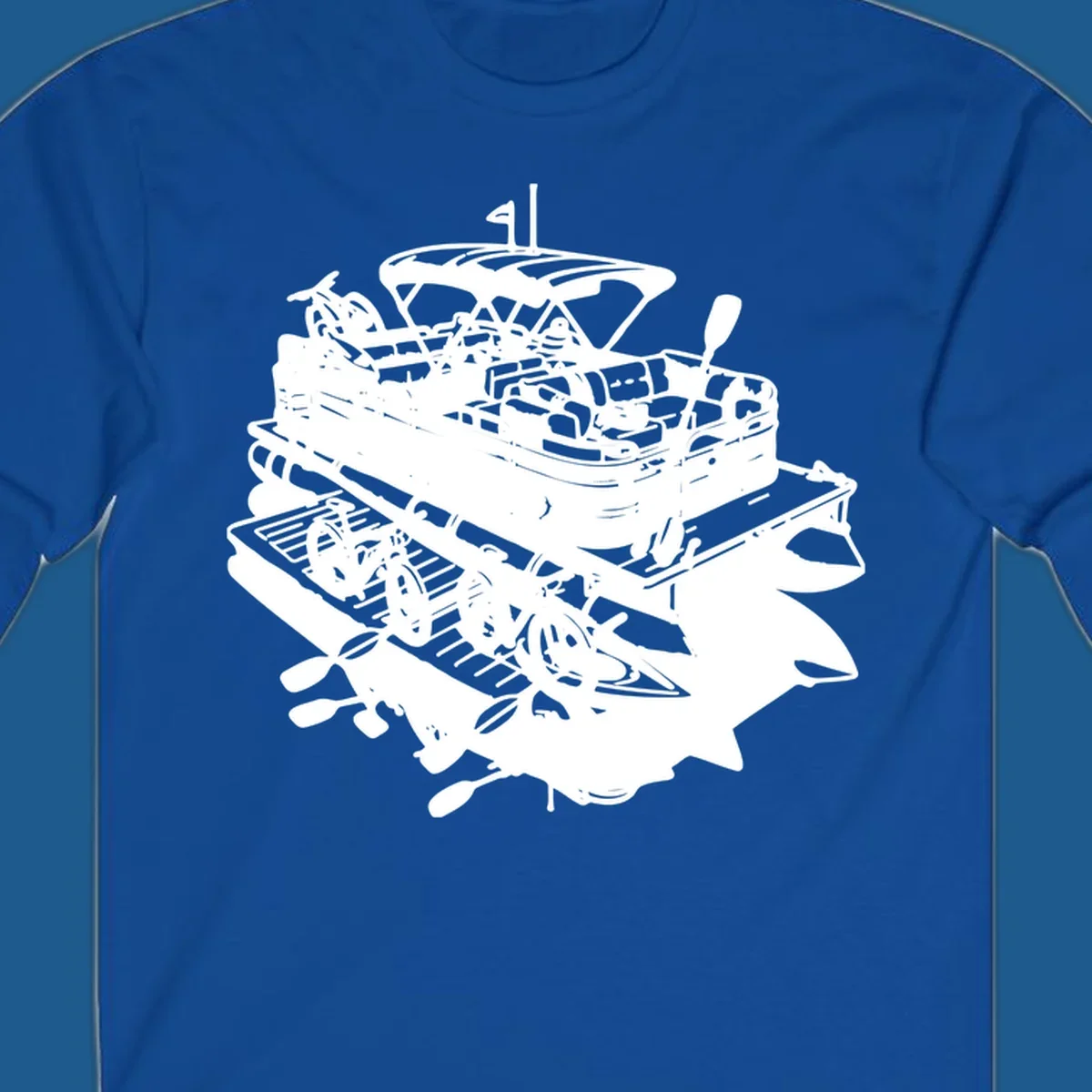Pontoon boat adventure illustration with kayaks, bicycles, and paddles.