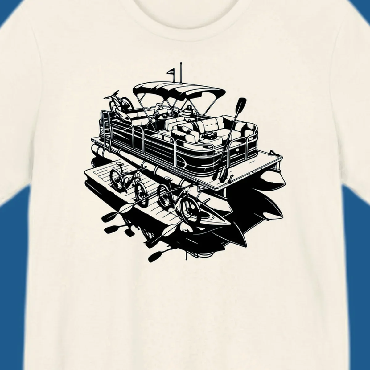 Pontoon boat adventure illustration with kayaks, bicycles, and paddles.