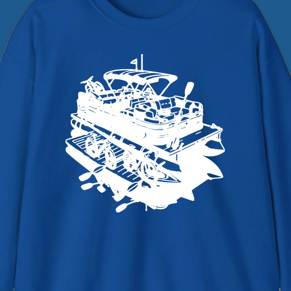 Pontoon boat adventure illustration with kayaks, bicycles, and paddles.