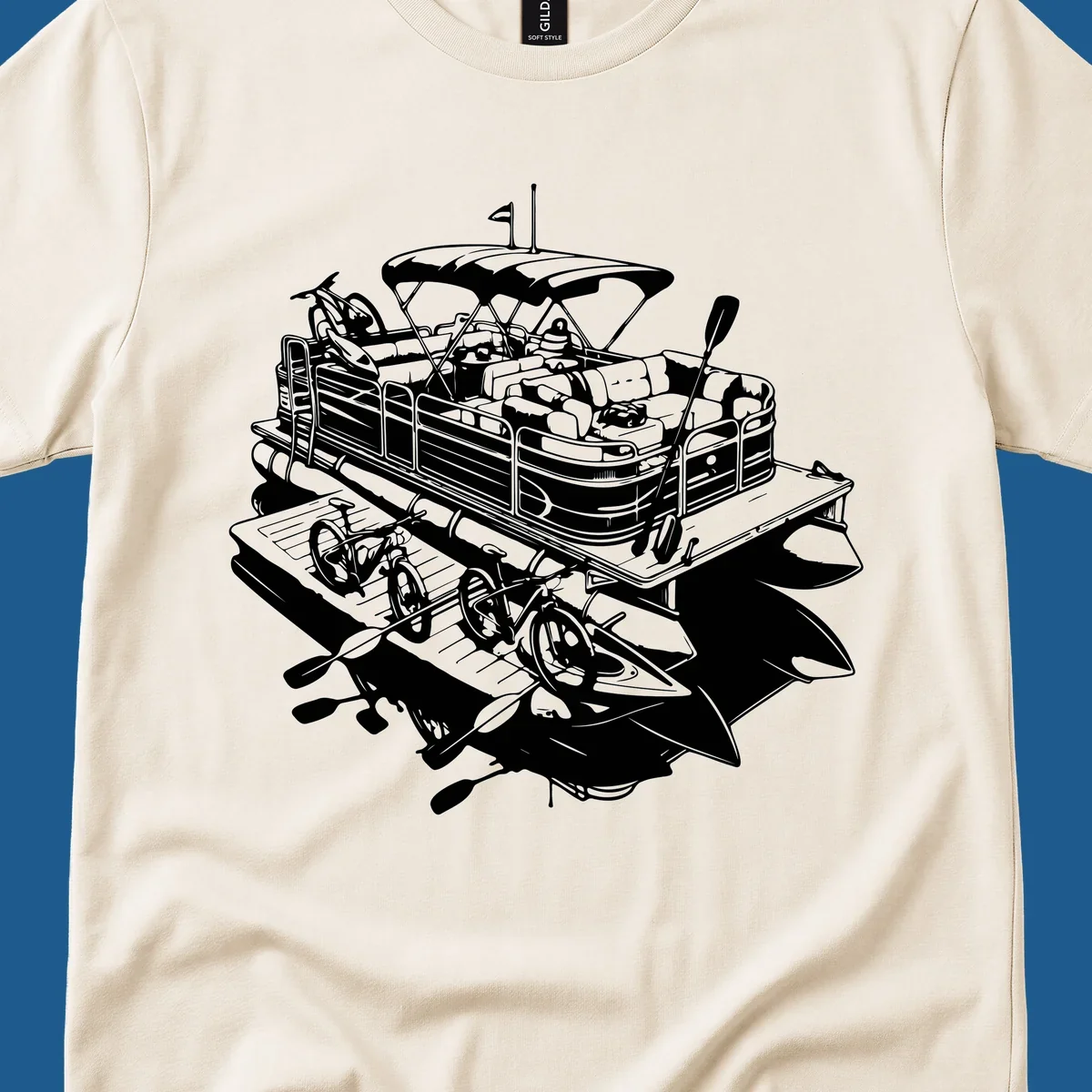 Pontoon boat adventure illustration with kayaks, bicycles, and paddles.