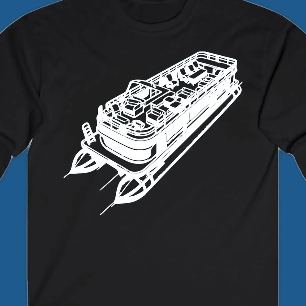 White line art illustration of a pontoon boat deck, featuring seating and tables, representing the pontoon boat lifestyle.