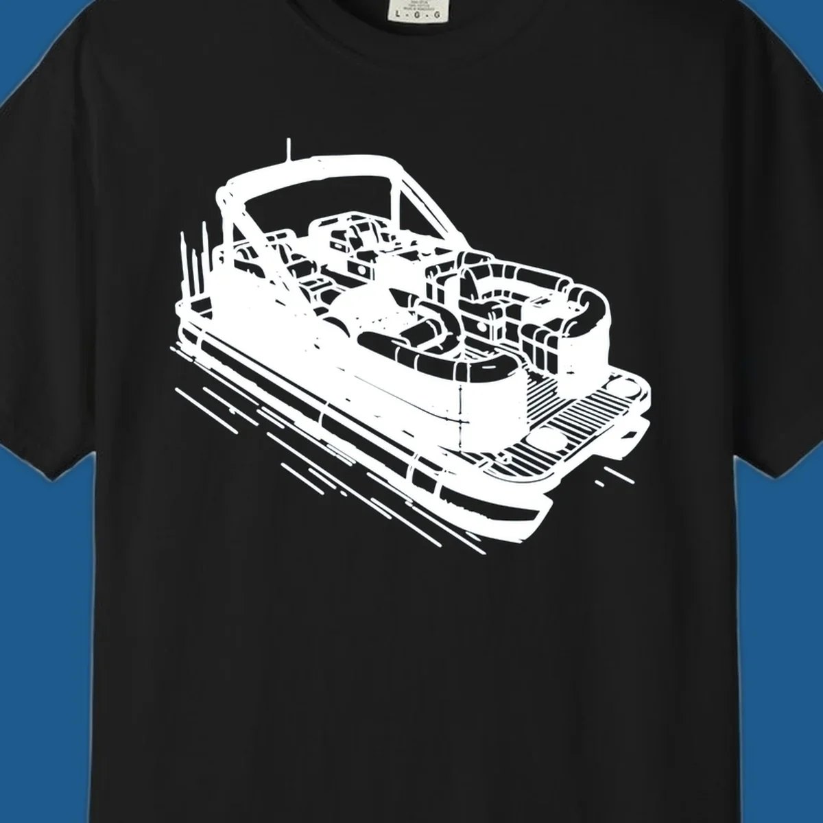 Illustration of a detailed pontoon boat interior, featuring seats, helm, and deck.