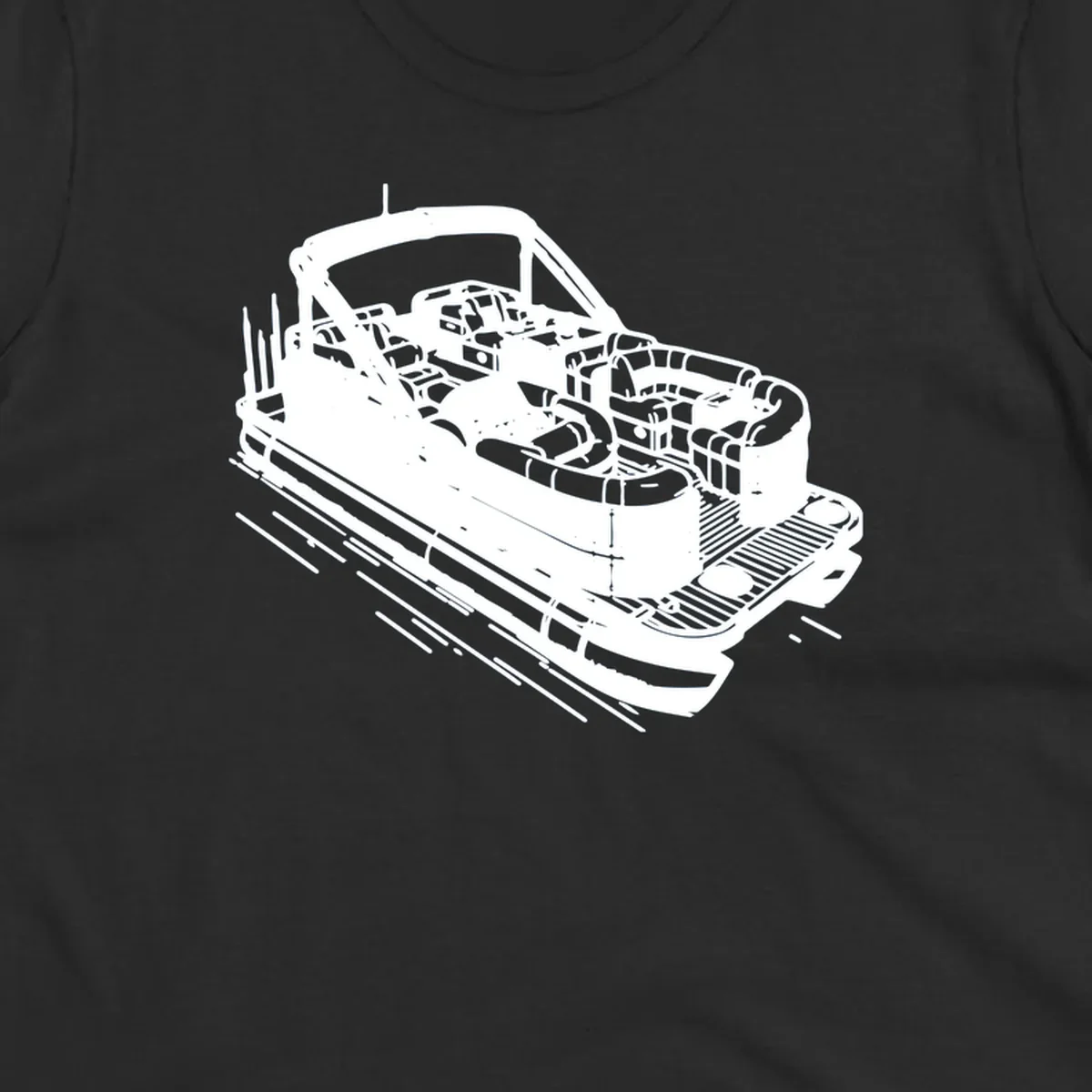Illustration of a detailed pontoon boat interior, featuring seats, helm, and deck.