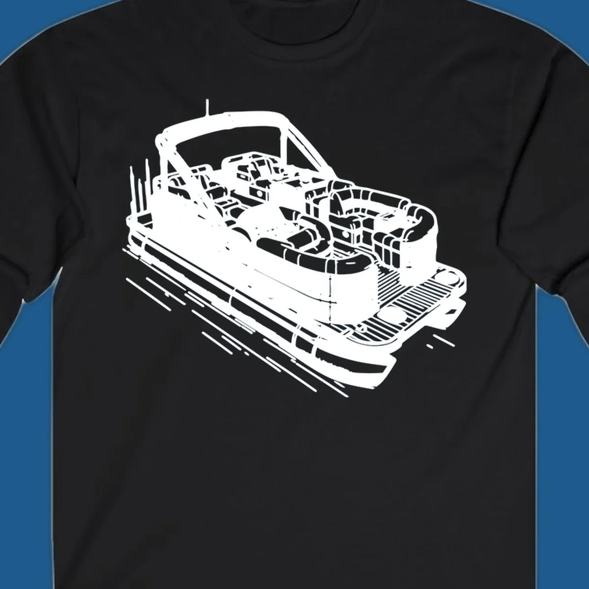 Illustration of a detailed pontoon boat interior, featuring seats, helm, and deck.