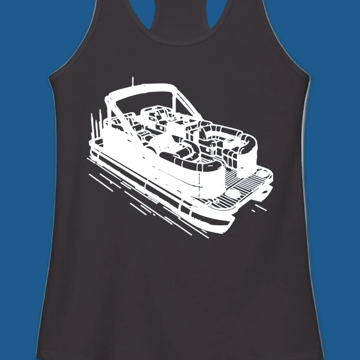 Illustration of a detailed pontoon boat interior, featuring seats, helm, and deck.