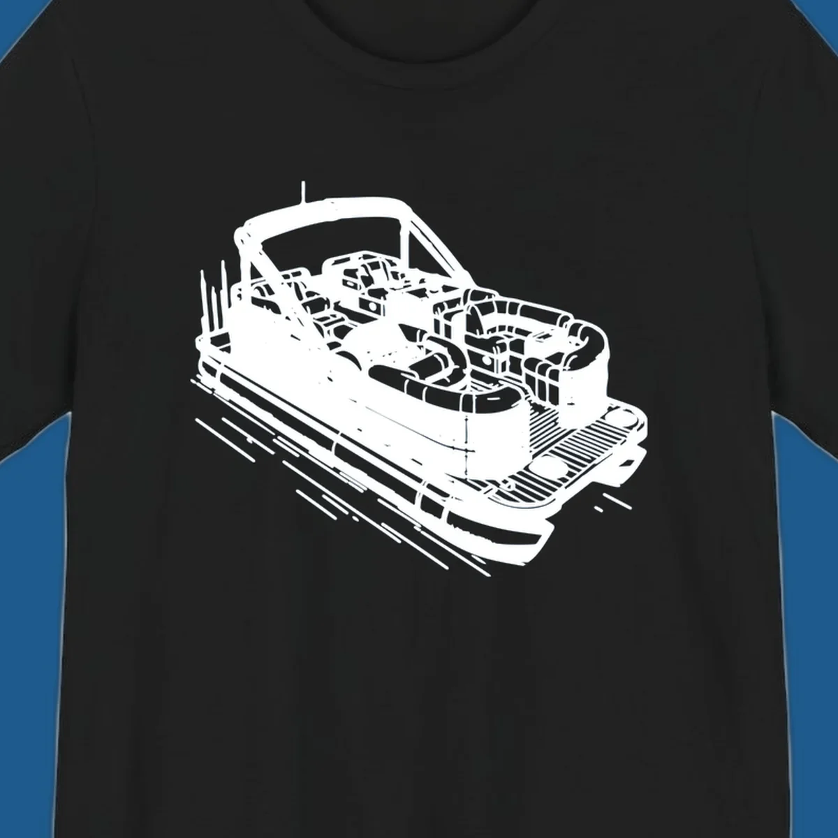 Illustration of a detailed pontoon boat interior, featuring seats, helm, and deck.