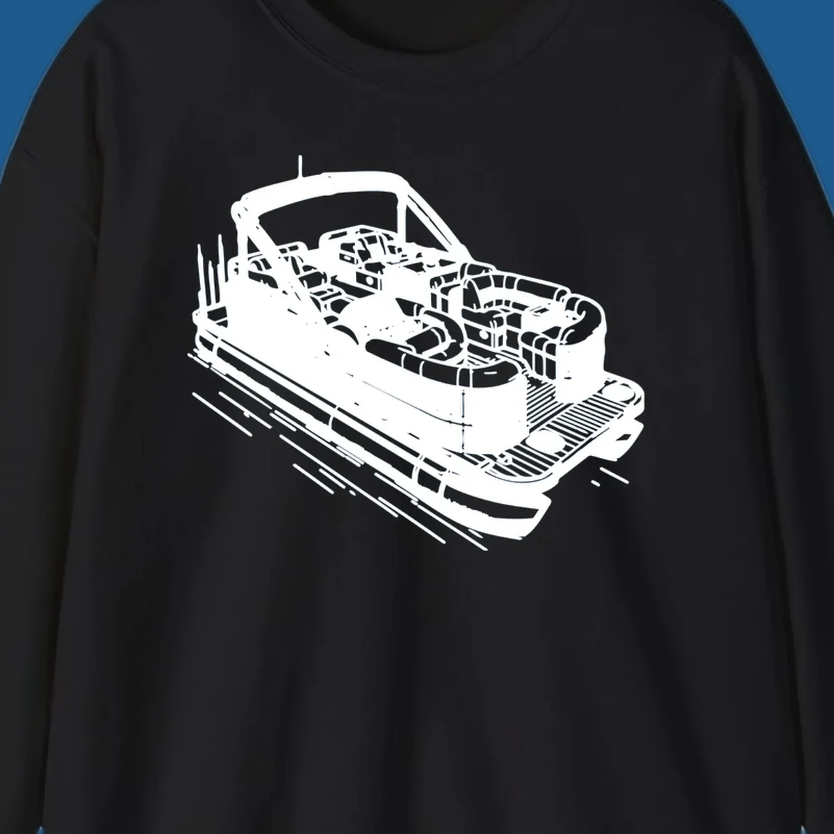 Illustration of a detailed pontoon boat interior, featuring seats, helm, and deck.