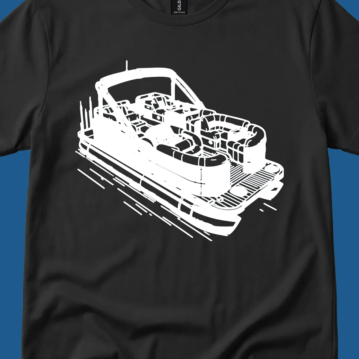 Illustration of a detailed pontoon boat interior, featuring seats, helm, and deck.