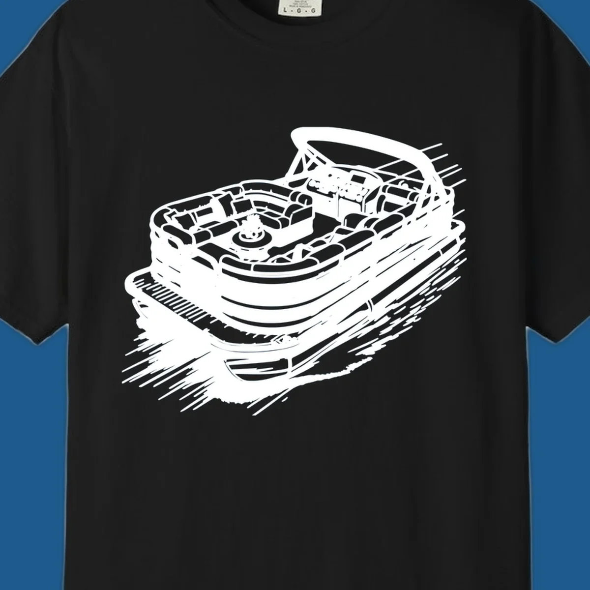Illustration of a pontoon boat in motion, white lines on black, pontoon boat adventure.