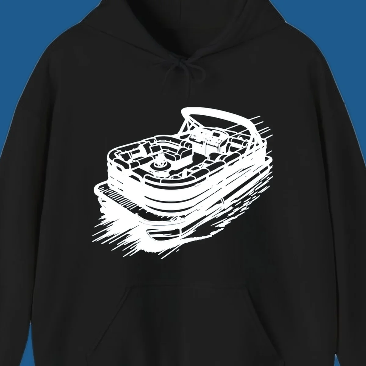 Illustration of a pontoon boat in motion, white lines on black, pontoon boat adventure.