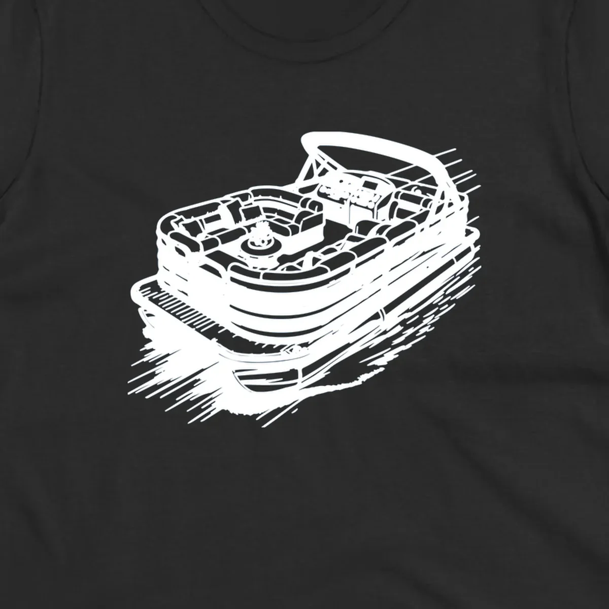 Illustration of a pontoon boat in motion, white lines on black, pontoon boat adventure.