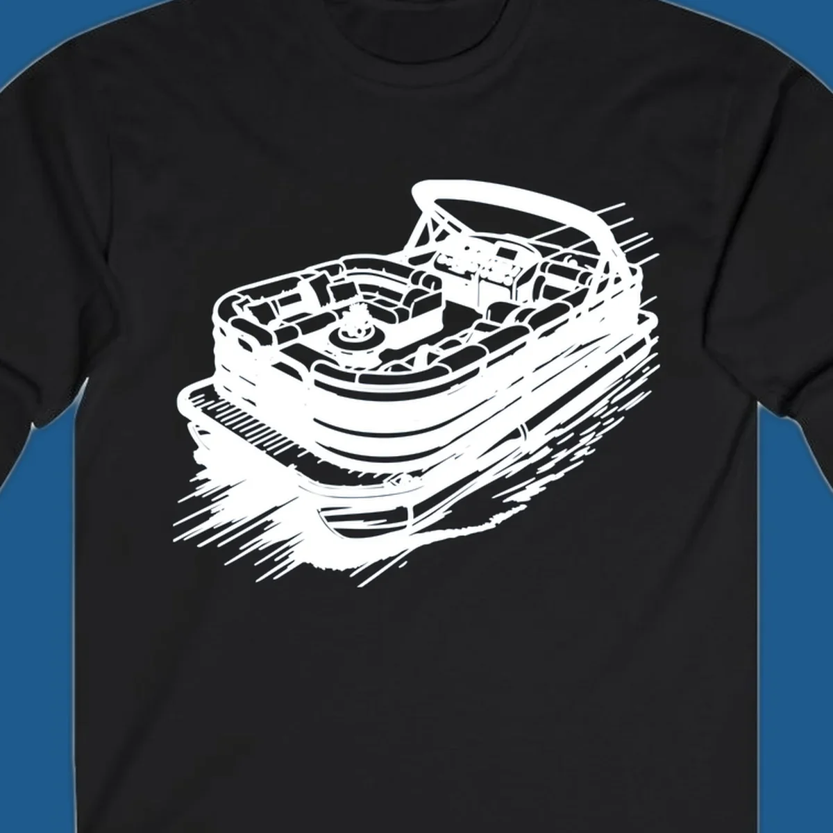 Illustration of a pontoon boat in motion, white lines on black, pontoon boat adventure.
