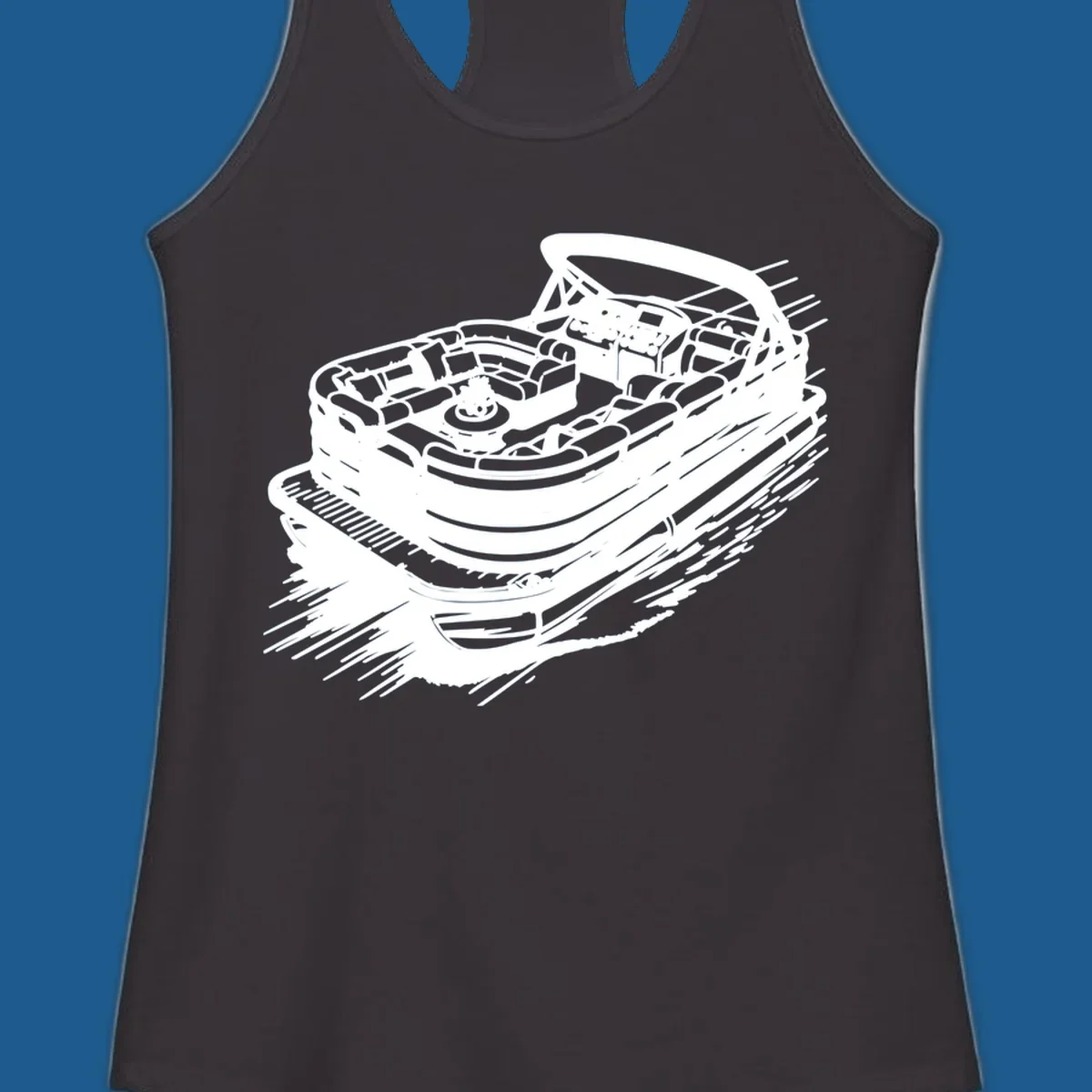 Illustration of a pontoon boat in motion, white lines on black, pontoon boat adventure.