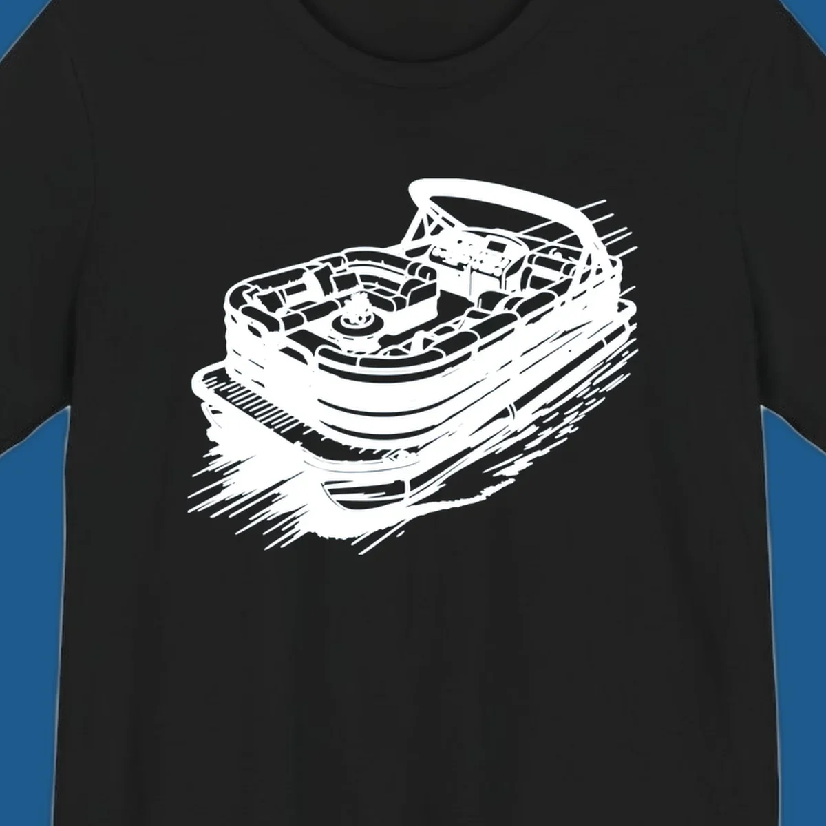 Illustration of a pontoon boat in motion, white lines on black, pontoon boat adventure.