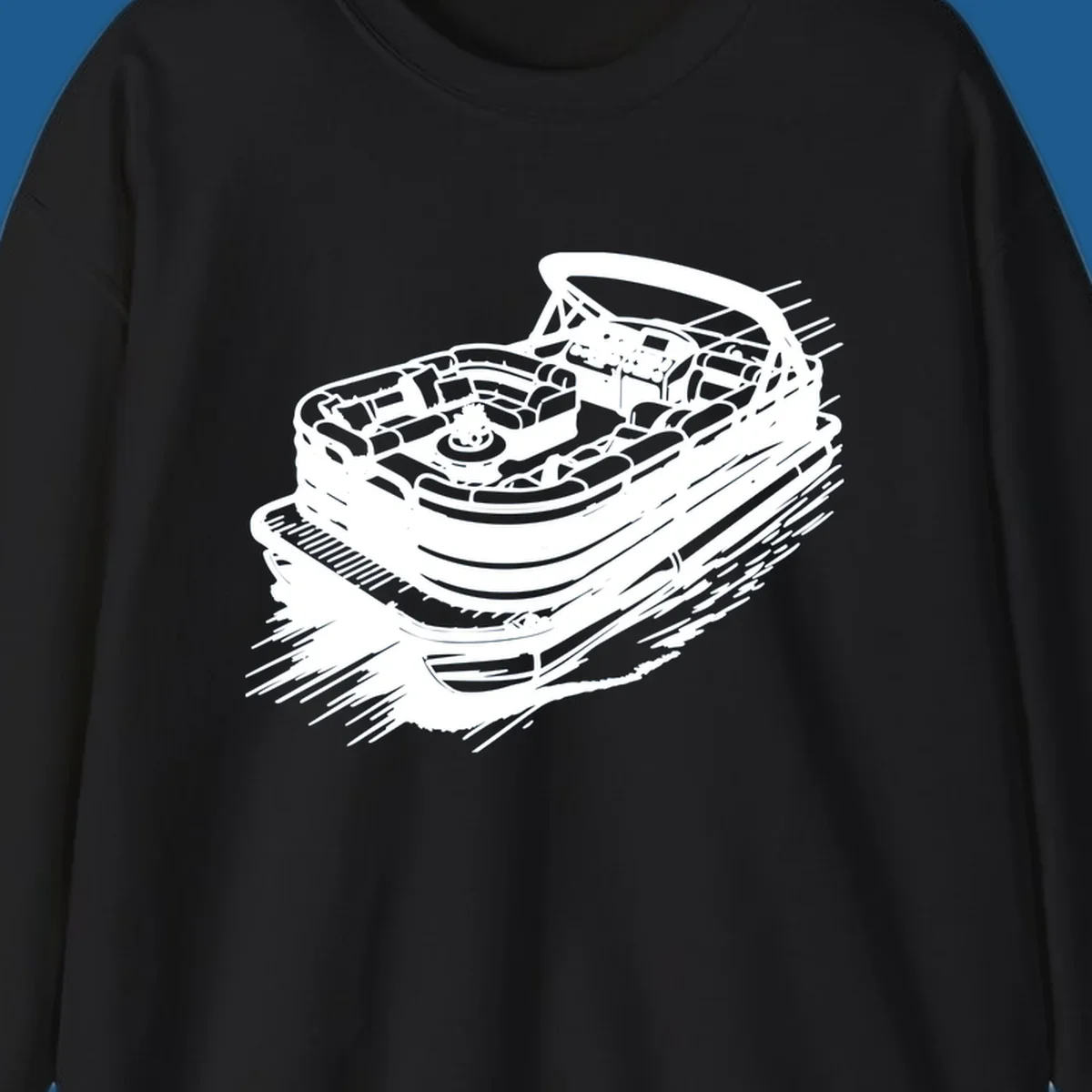 Illustration of a pontoon boat in motion, white lines on black, pontoon boat adventure.