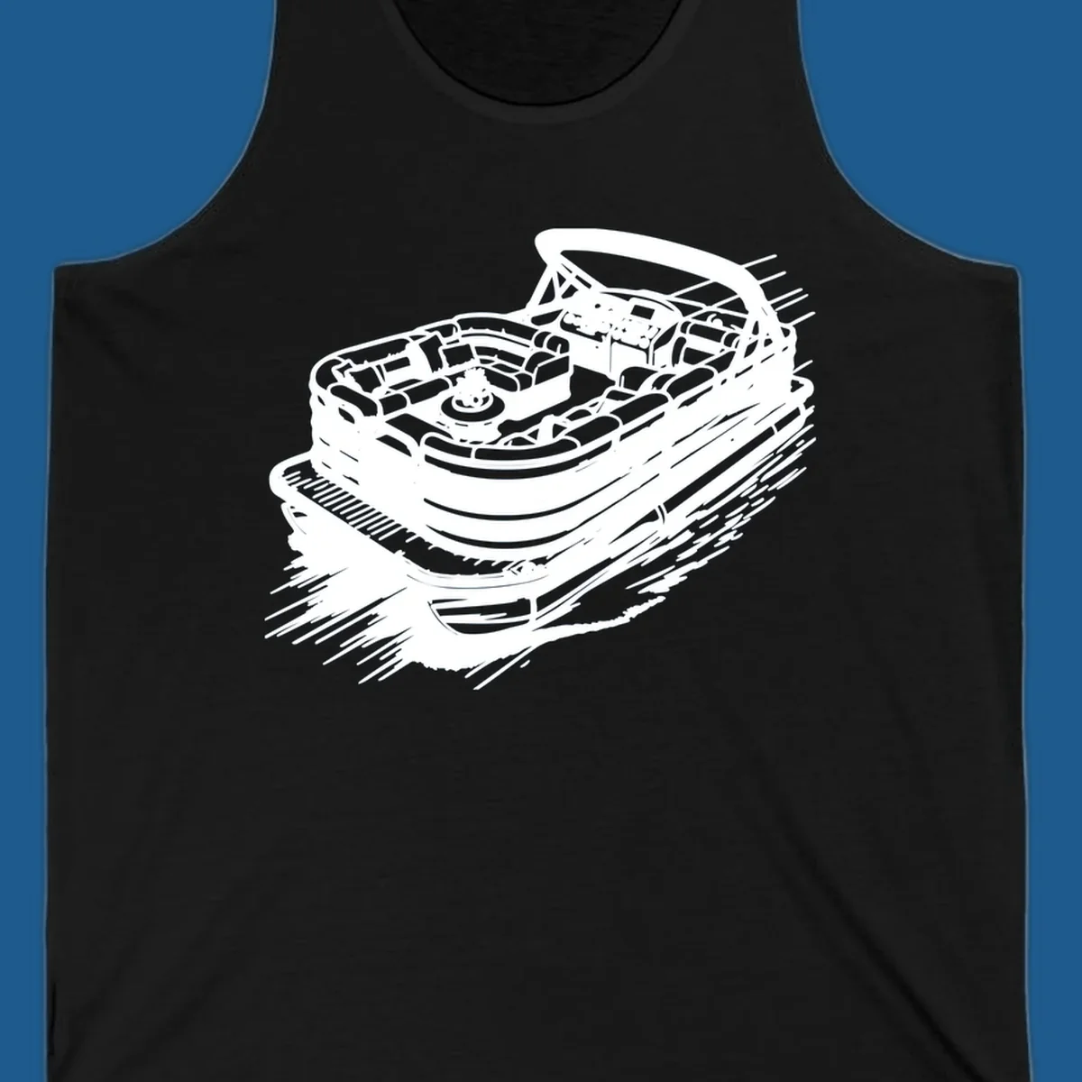 Illustration of a pontoon boat in motion, white lines on black, pontoon boat adventure.