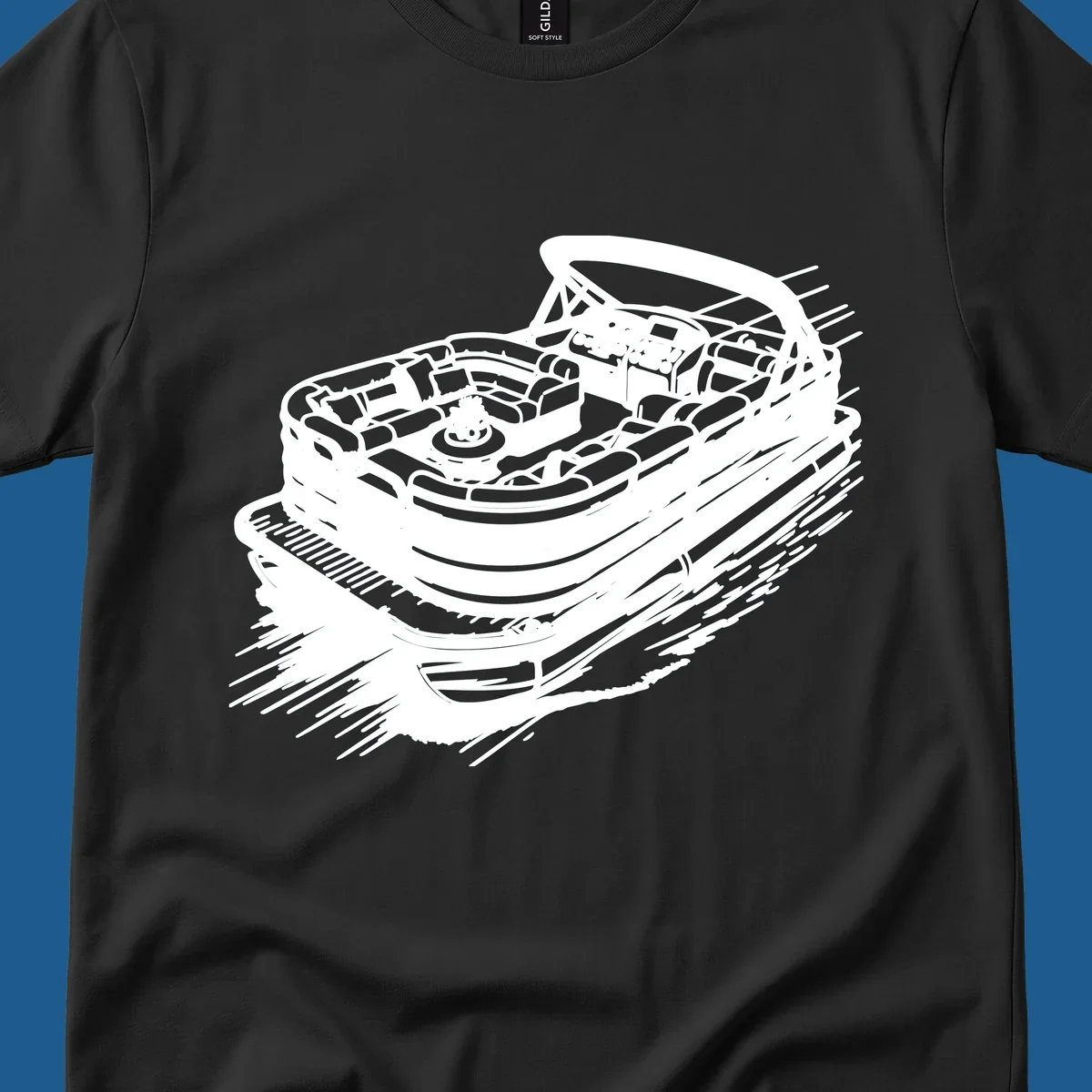 Illustration of a pontoon boat in motion, white lines on black, pontoon boat adventure.