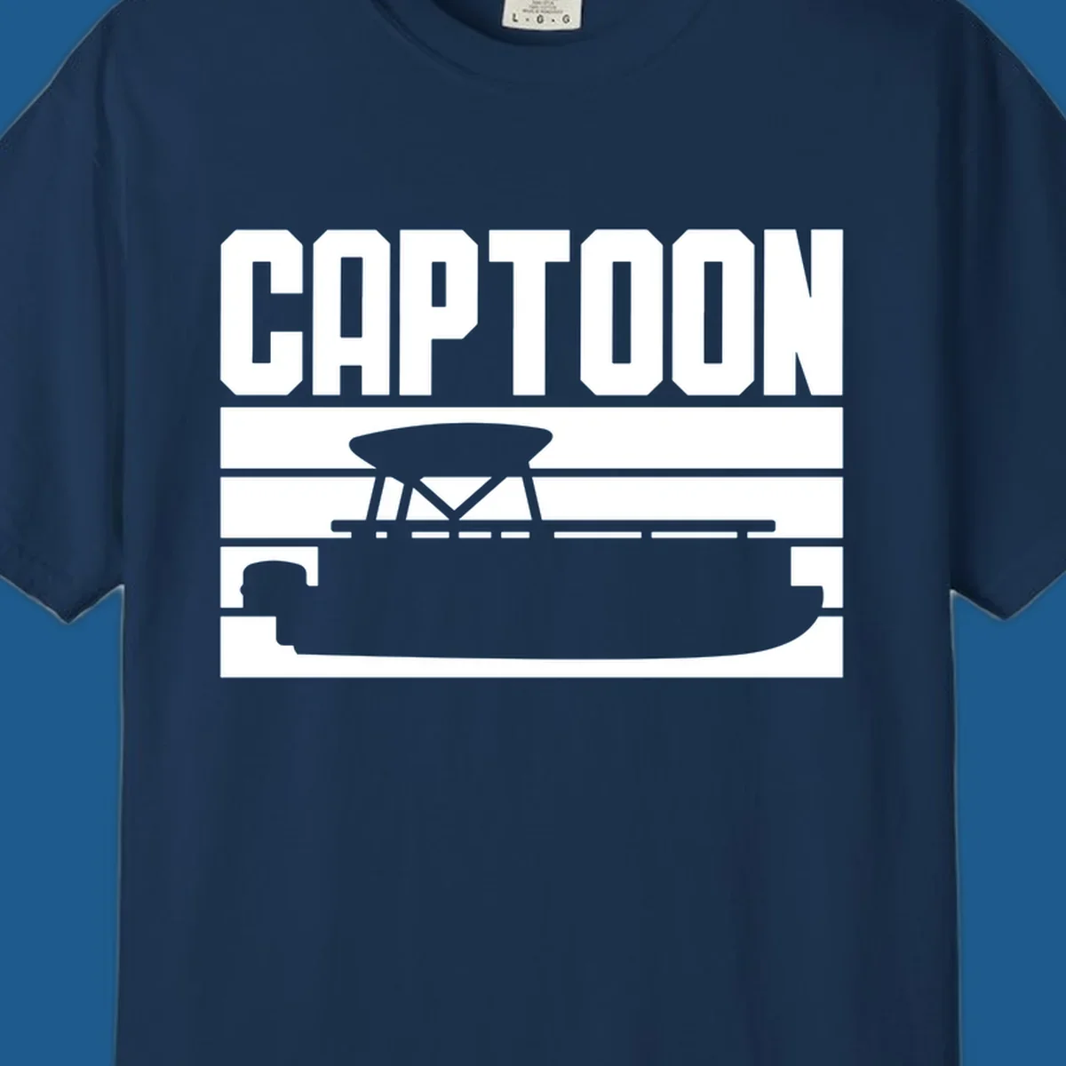 Captoon text and pontoon boat silhouette design