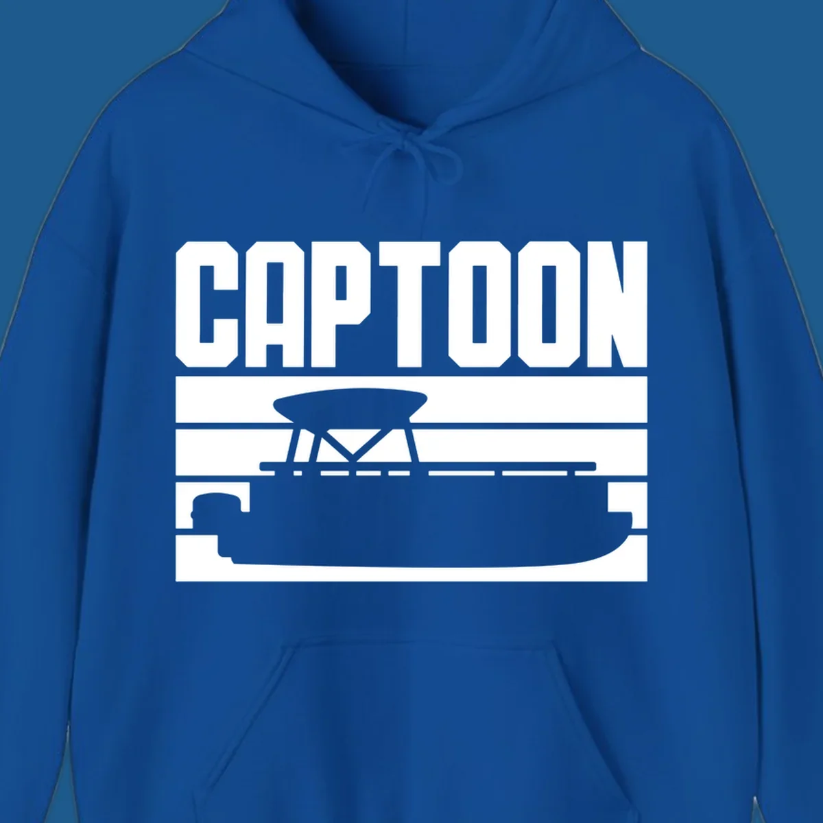 Captoon text and pontoon boat silhouette design