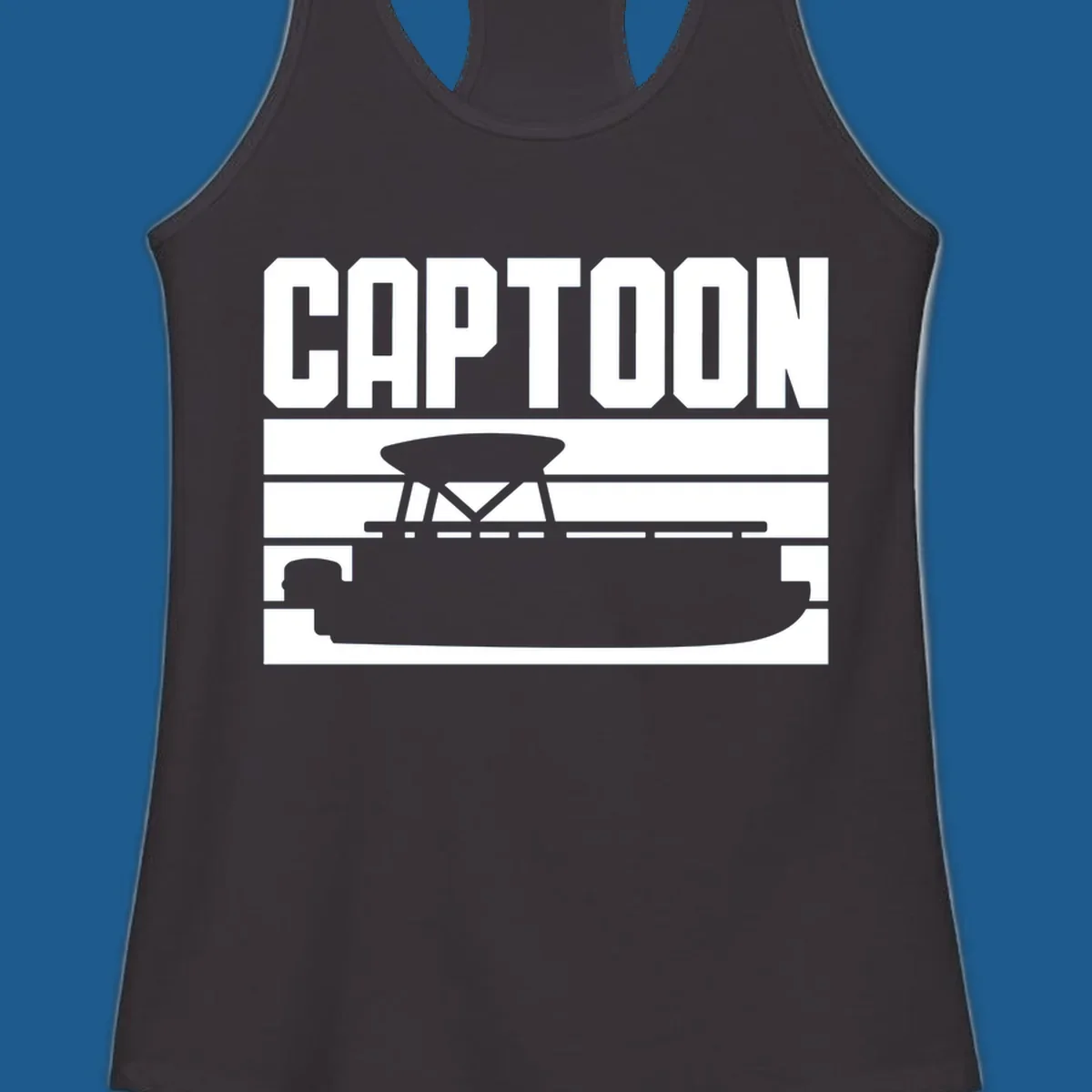 Captoon text and pontoon boat silhouette design