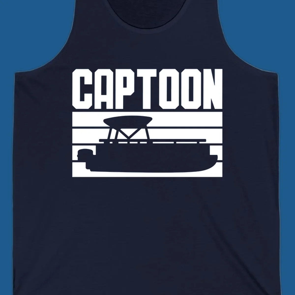 Captoon text and pontoon boat silhouette design