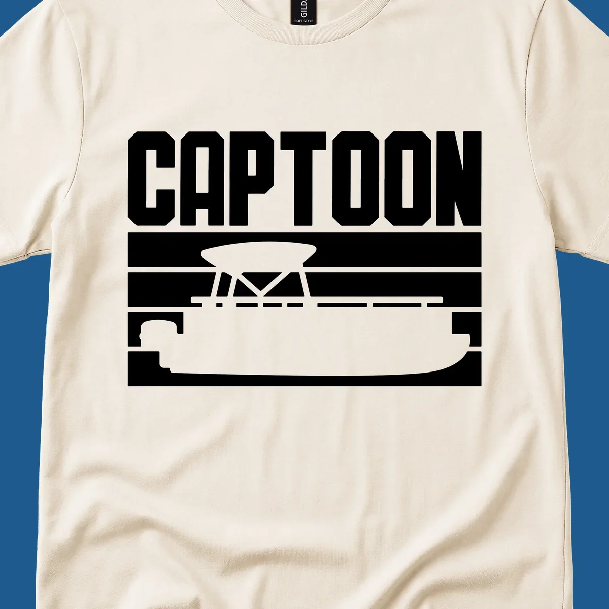 Captoon text and pontoon boat silhouette design