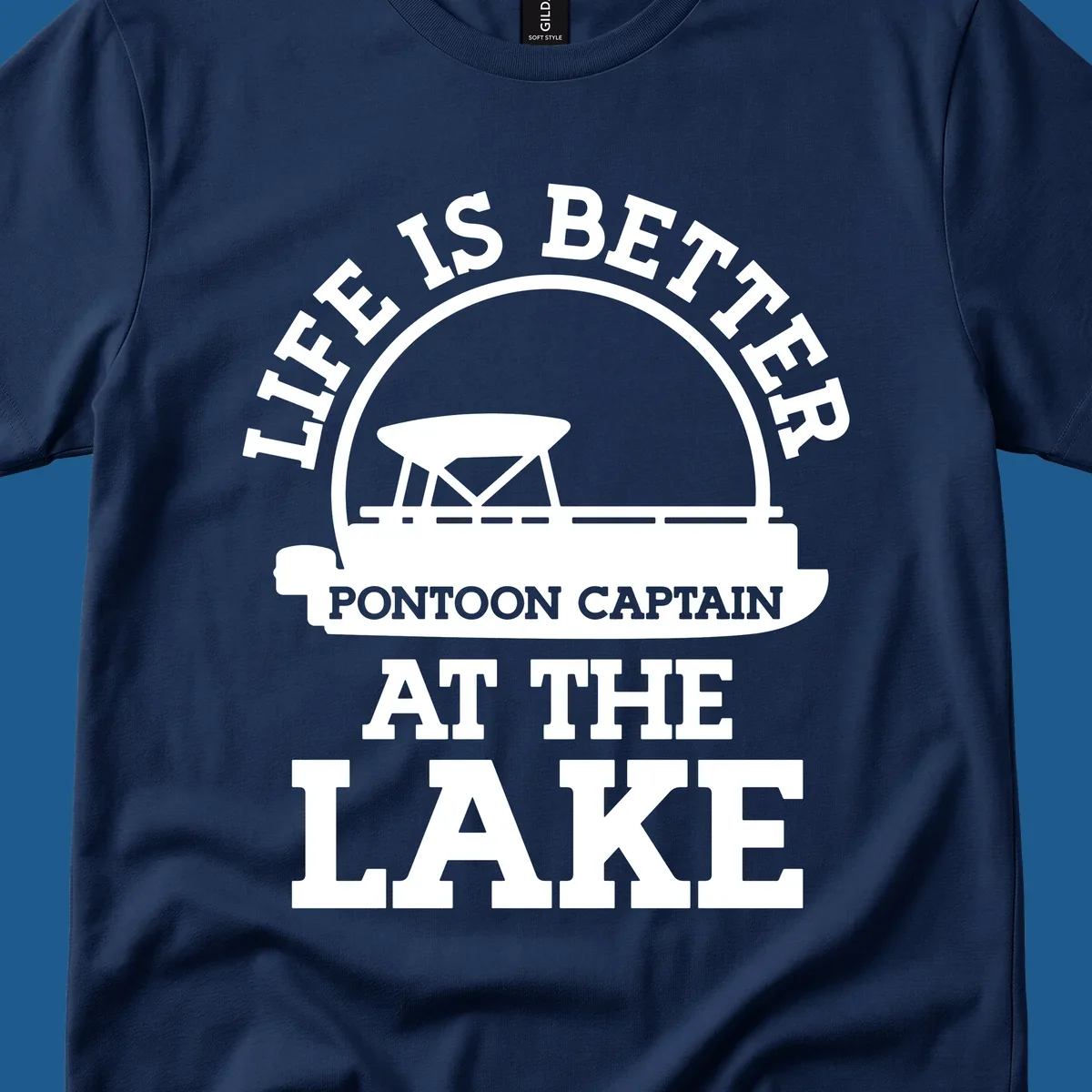 Life Is Better Pontoon Captain At The Lake design with pontoon boat illustration and text.