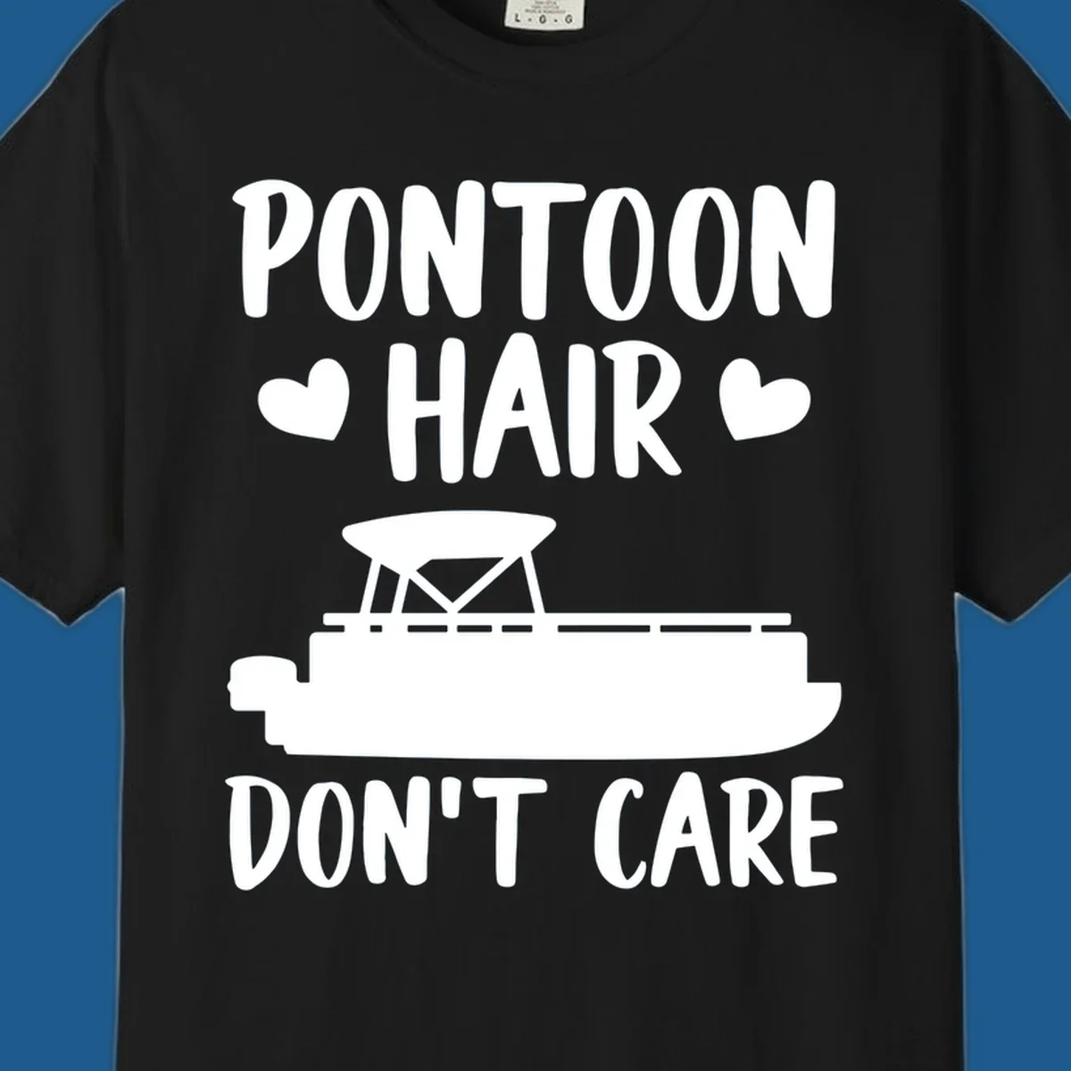 Pontoon Hair Don't Care text and illustration with hearts.