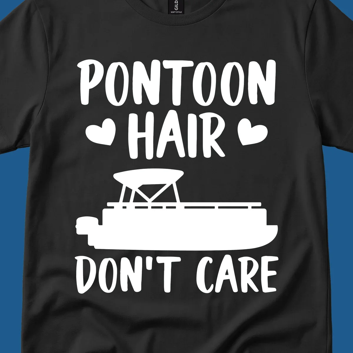 Pontoon Hair Don't Care text and illustration with hearts.