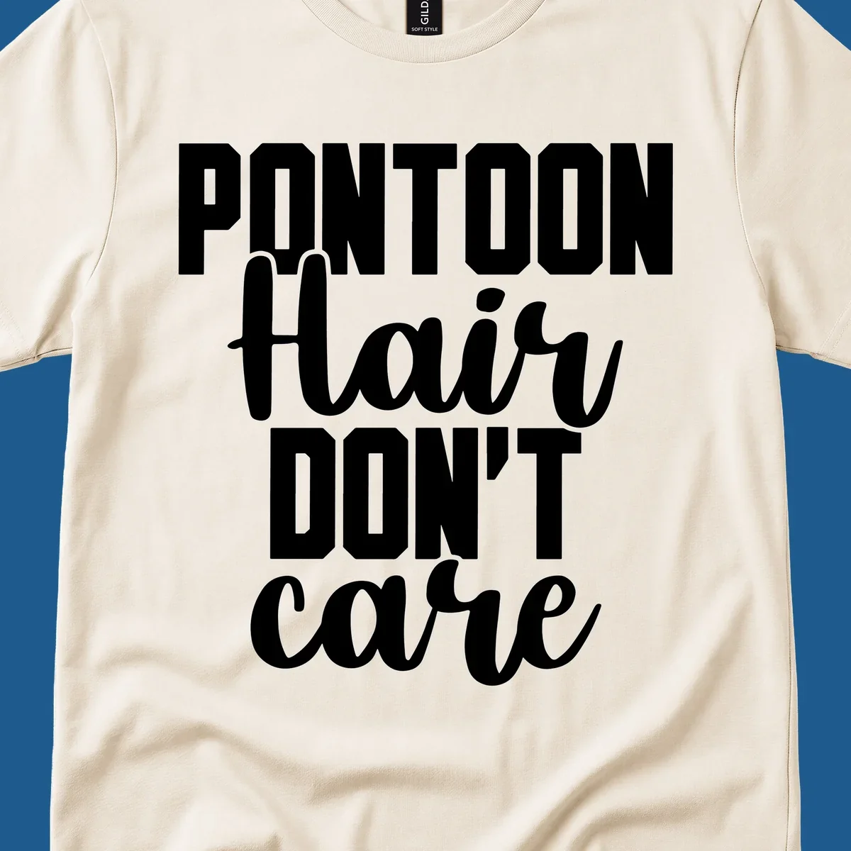 White typography design that says PONTOON Hair DON'T care on a black background.