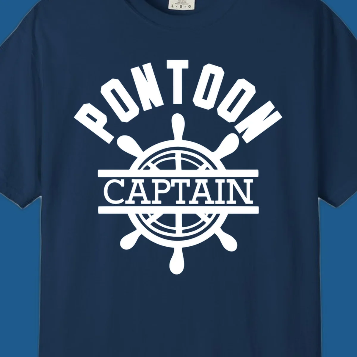 Pontoon captain ship's wheel design. White text and graphic on dark, black text and graphic on light.