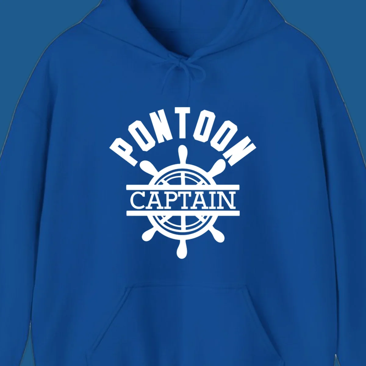 Pontoon captain ship's wheel design. White text and graphic on dark, black text and graphic on light.