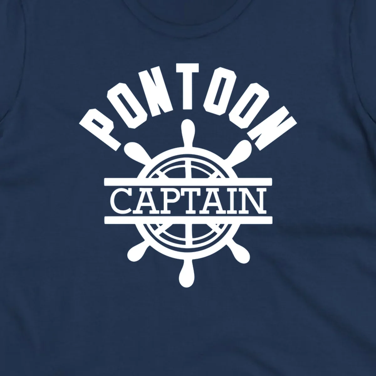 Pontoon captain ship's wheel design. White text and graphic on dark, black text and graphic on light.