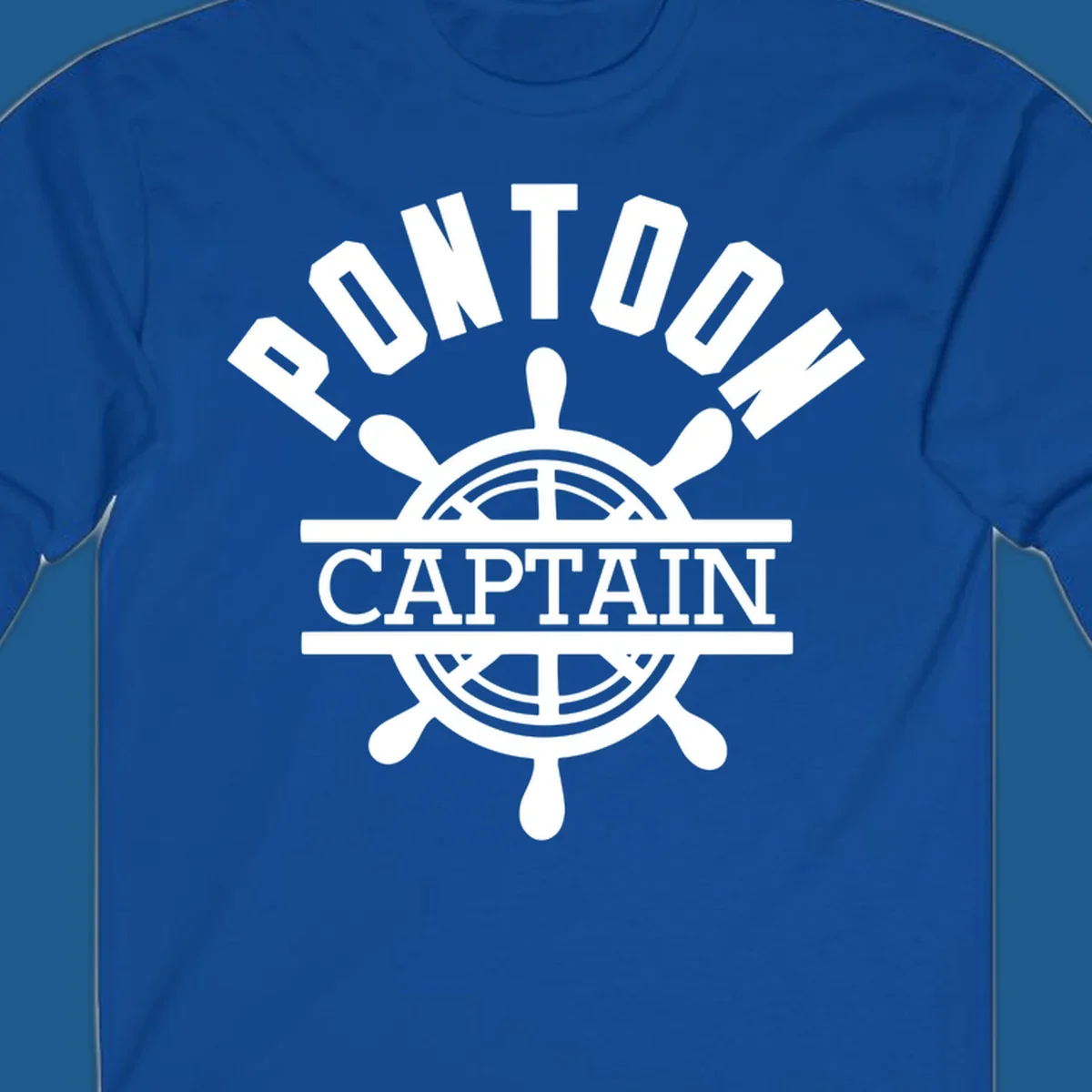 Pontoon captain ship's wheel design. White text and graphic on dark, black text and graphic on light.