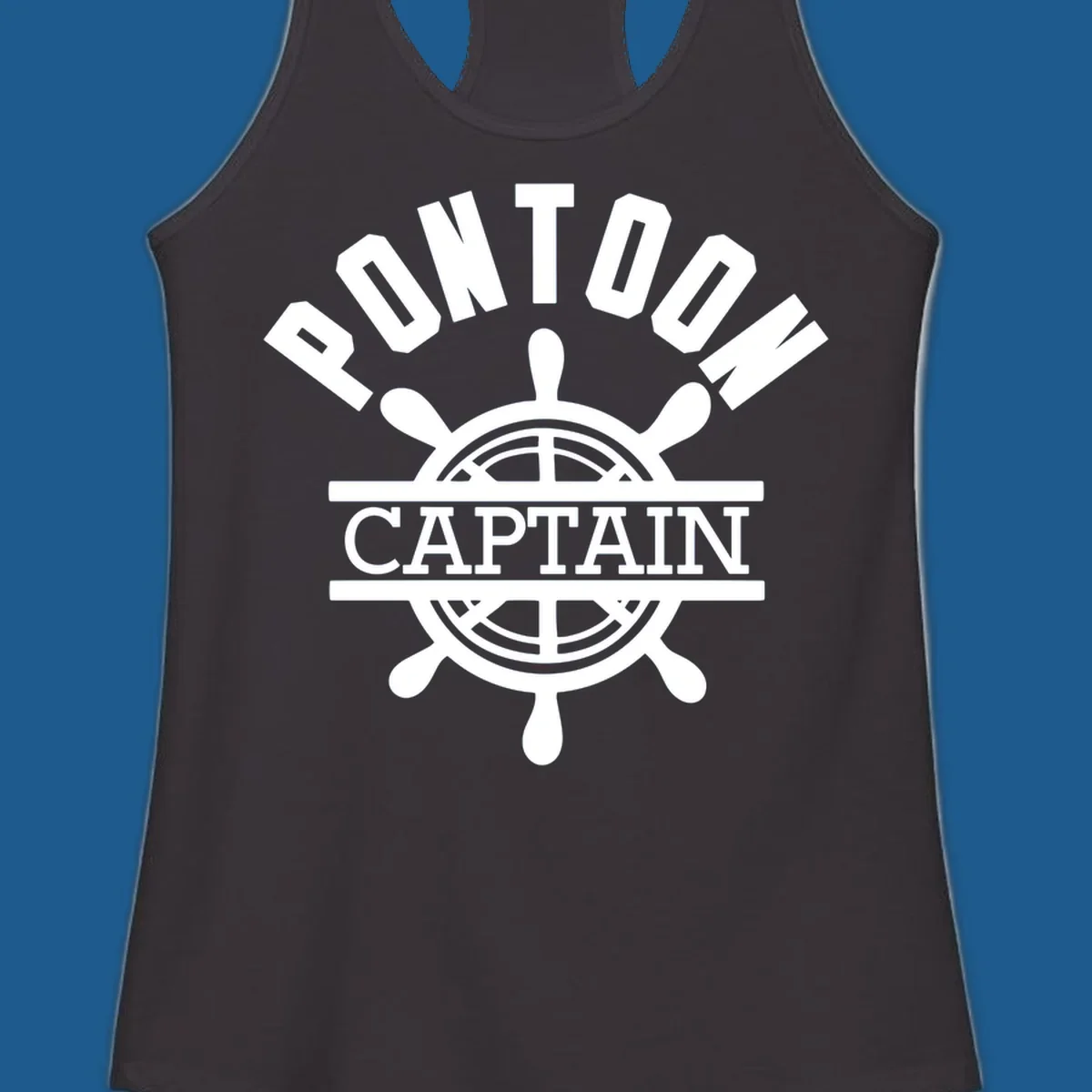 Pontoon captain ship's wheel design. White text and graphic on dark, black text and graphic on light.