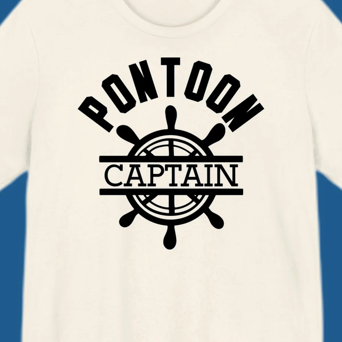 Pontoon captain ship's wheel design. White text and graphic on dark, black text and graphic on light.