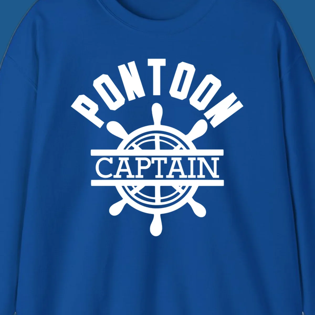 Pontoon captain ship's wheel design. White text and graphic on dark, black text and graphic on light.