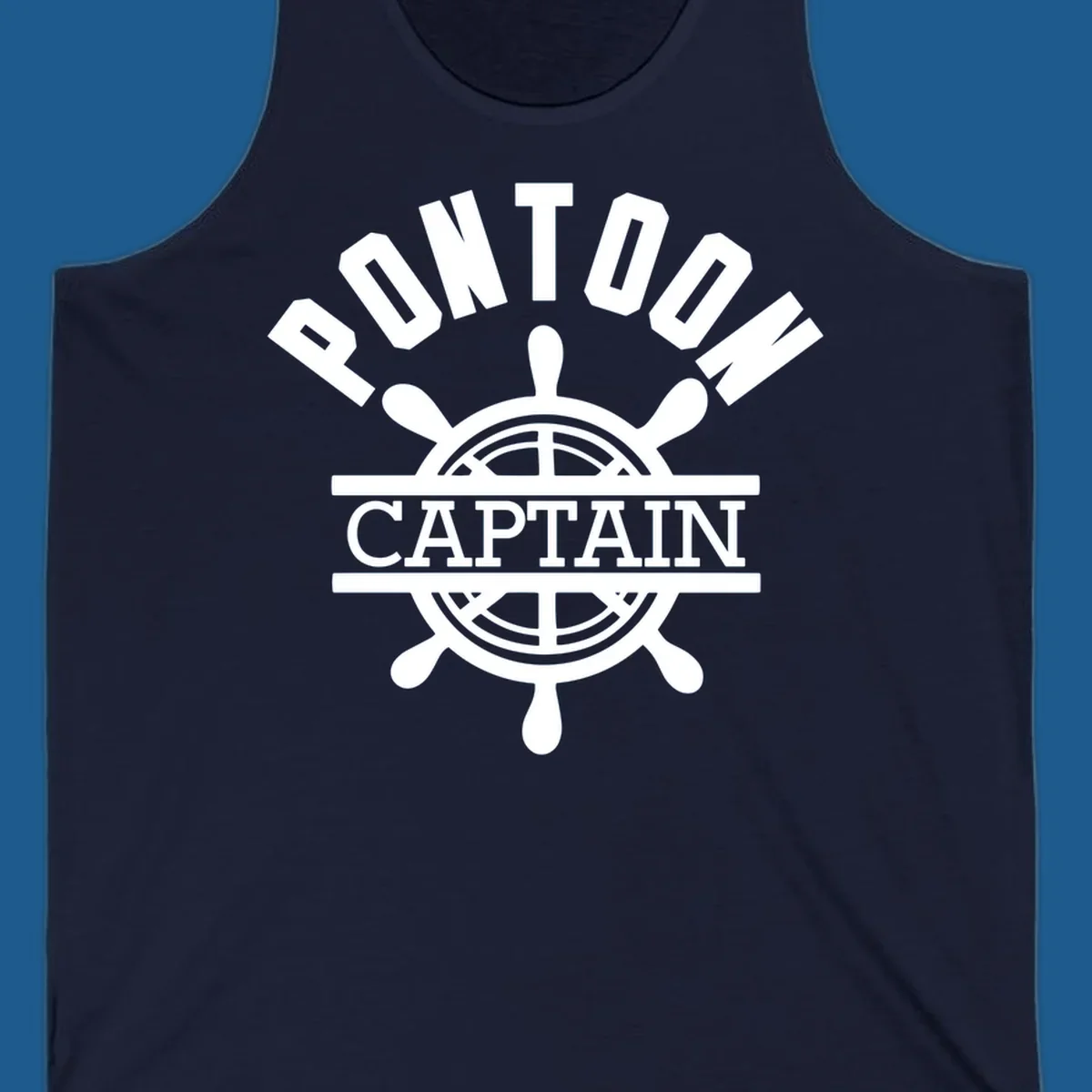 Pontoon captain ship's wheel design. White text and graphic on dark, black text and graphic on light.