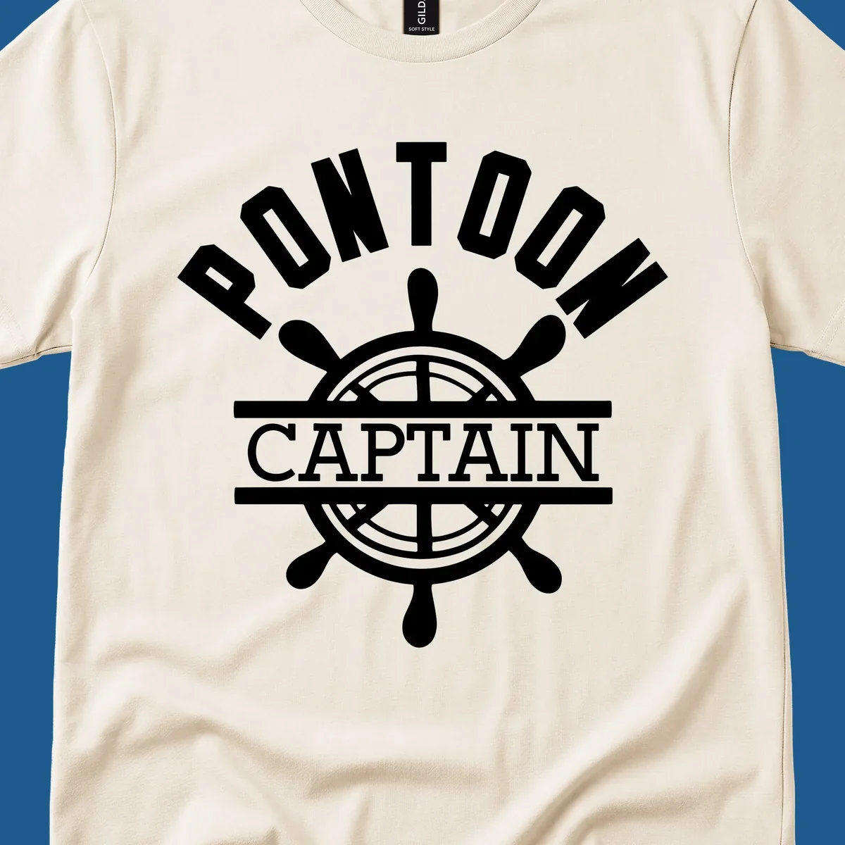 Pontoon captain ship's wheel design. White text and graphic on dark, black text and graphic on light.