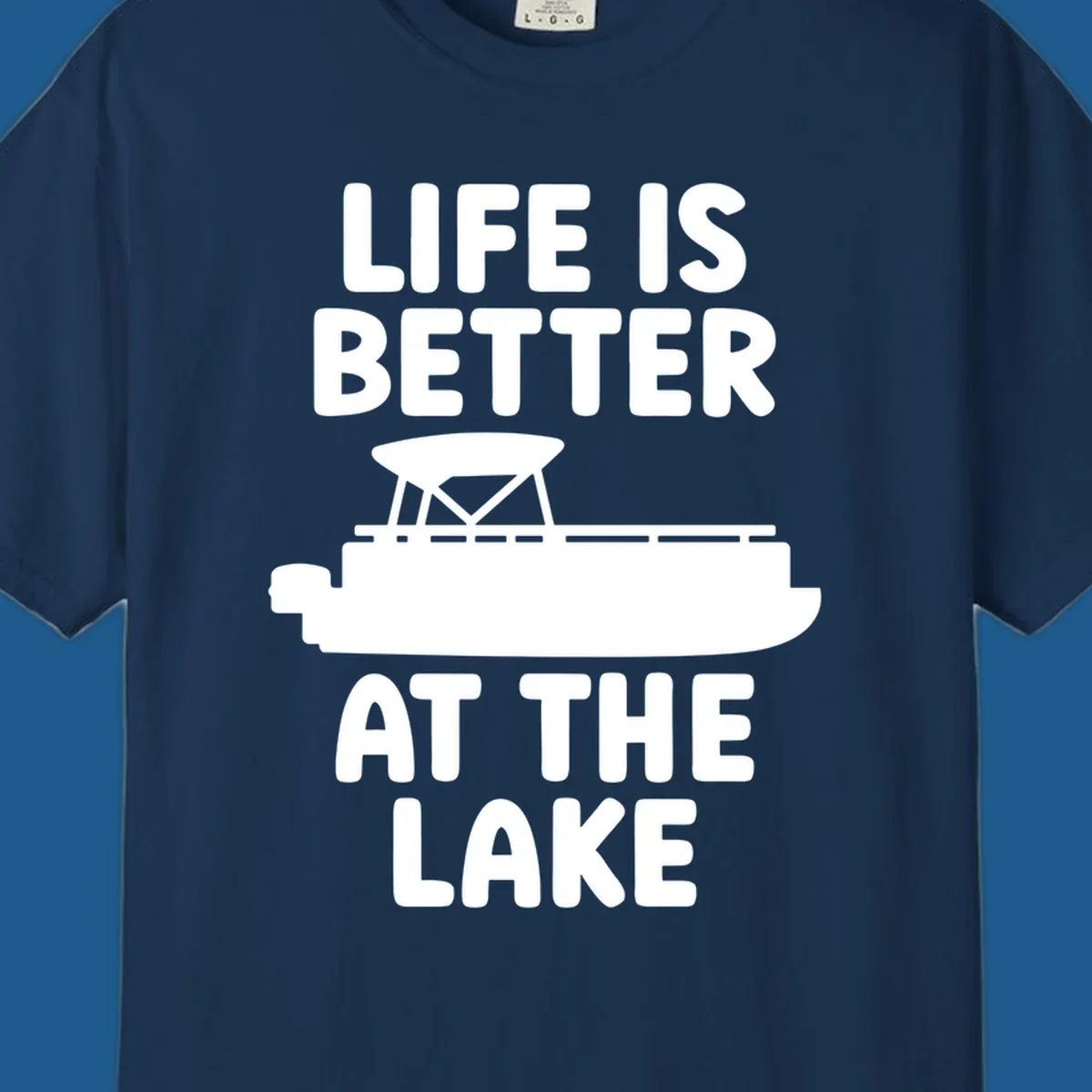 Life is better at the lake text with pontoon boat graphic